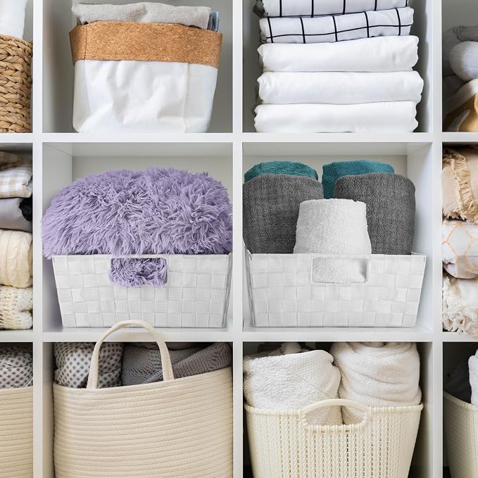 Sorbus Set of 3 Large Woven Storage Baskets – Mesh Hand-Woven Baskets for Organizing, Fabric Storage Bins for Linen Closet Organizer, Storage Baskets for Shelves and Home Organization (White)