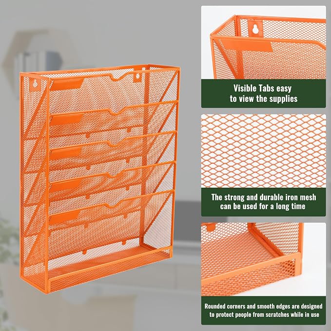 EASEPRES 6 Tier Mesh Hanging Wall File Organizer, Desk Vertical Mail Paper Document Folder Holder Rack with Bottom Tray and Nametag Label for Office Home School, Orange
