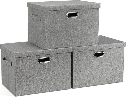 Graciadeco Large 17" 36 Quart Collapsible Stackable Storage Bins with Lids, 3 Packs Grey Linen Fabric Closet Boxes with Lids, Storage Cube Baskets Container Organizers for Bedroom Office(17 x12 x11) | 36 Quart 3 Pack Gray1 Collapsible Stackable Linen F...