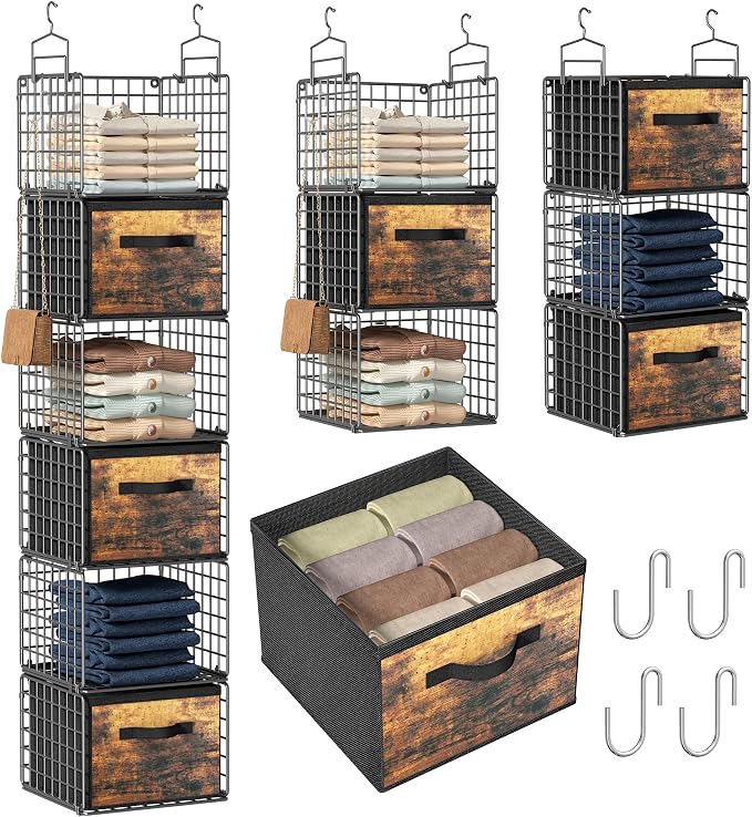 Closet Hanging Organizer with Drawers, 6 Tier Metal Closet Organizers and Storage with 4 Hanging Hooks 4 S-Hooks for Wardrobe Laundry Room, Wire Storage Shelf for Clothes Sweaters Pants (Black)