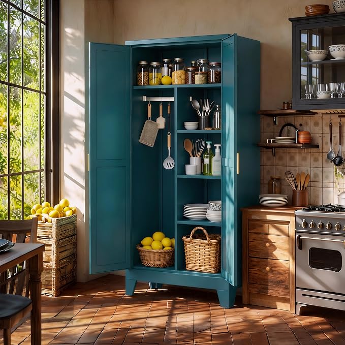 71" H Tall Pantry Cabinet with Doors,Kitchen Pantry Cabinet,Blue Metal Storage Cabinets,Garage Storage Cabinet,Food Storage Cabinet with Doors and Shelves