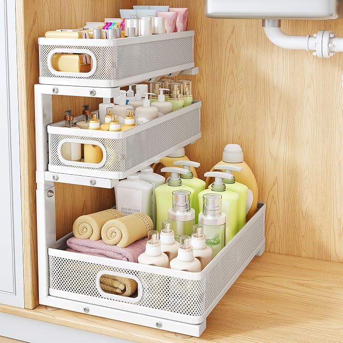 Under Sink Organizer, 3-Tier Thickened Metal Pull out Cabinet Organizer Shelf, Height Adjustable Slide out Storage Drawer Rack for Kitchen Bathroom Pantry Laundry Home Organization, 1-Pack, White | 35% Extra Storage Capacity, Carbon Steel, Hold Up 55lb...
