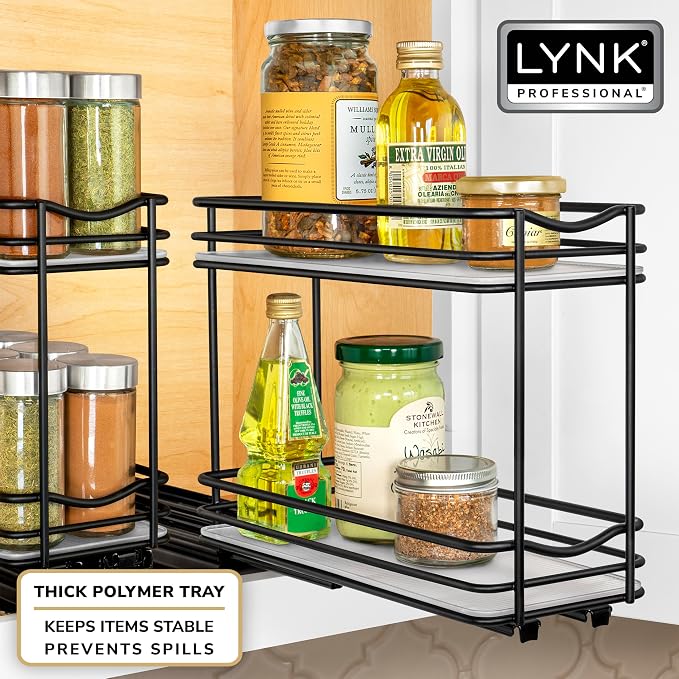 LYNK PROFESSIONAL® Pull Out Spice Organization for Cabinets - 4-3/8 inch Wide – Spice Rack for Inside Cabinets, Slide Out Spice Rack Organizer for cabinet – Pull Out Spice Rack, Sliding 2 Tier Black