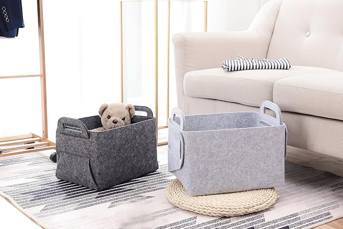 Storage Basket Felt Storage Bin Collapsible& Convenient Box Organizer with Carry Handles for Office Bedroom Closet Babies Nursery Toys Laundry (Light grey, 13.8inch（L）×9.5inch（W）×8.3inch（H）)