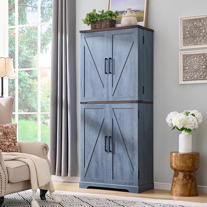 72" Tall Wooden Pantry Storage Cabinet with Door Shelves & Drawer | Farmhouse, Barn Doors, Adjustable Shelves, Freestanding, Anti-tip Kit, for Kitchen, Dining Room, Living Room