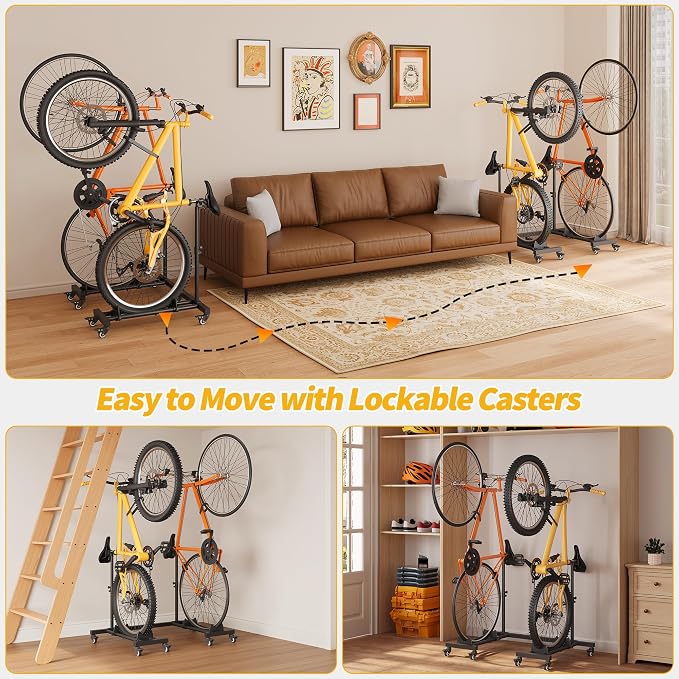 Bike Rack for Garage, Vertical Bike Stand (2 Pack), Fits bikes up to 29" | Freestanding Bike Stand With No Wall Mounting Or Drilling, Adjustable Height, Stores Up To 2 Bikes With Casters For Mobility