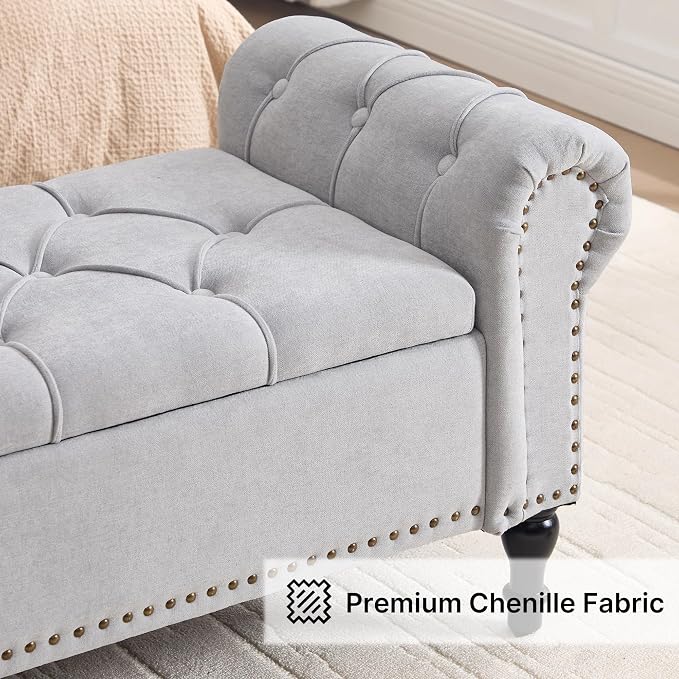 Storage Bed Bench for Bedroom, Chenille 67" End of Bed King Size Benches with Armrest, Tufted Button Upholstered Ottoman Bench for Living Room, Entryway, Silver Grey