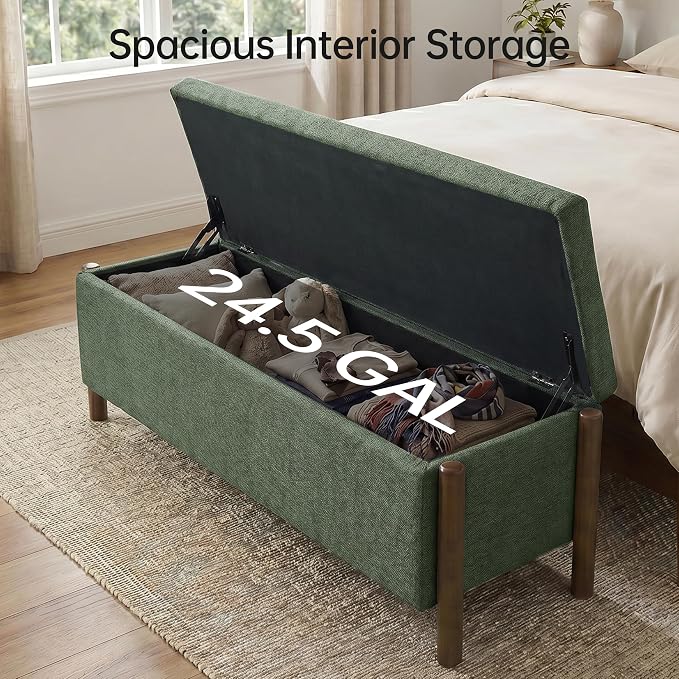 Usaint Wooden Storage Ottoman Bench, 47" Fabric Upholstered End of Storage Bench with Rubberwood Legs, Entryway Bench with Storage for Bedroom, Living Room, Reception, Cloakroom, Green