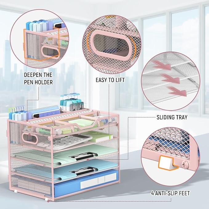 Docnest 5 Tier Mesh Desk Organizer with Removable Tray&Pen Holder, Pink | Features 3 detachable pen holders and 4 removable dividers.Versatile mesh desktop storage for mail, document,office supplie