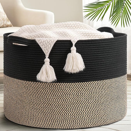 Goodpick 115L Extra Large Blanket Basket, Kids Toy Storage for Nusery Room | 23.5 x 23.5 x 15.8 In Woven Basket for Storage, Kids Toy Storage for Playroom, Laundry Basket for Towels, Black & Mix Jute