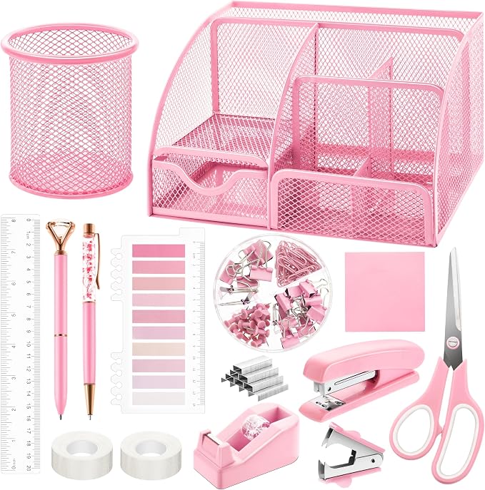 Fayoo 11 Pcs Pink Office Supplies Set Mesh Desk Organizer Accessories Kit | Include Stapler, Tape Dispenser, Staple Remover, Clips, Ruler, Scissors, Sticky Notes, for Office, School, Home, Women