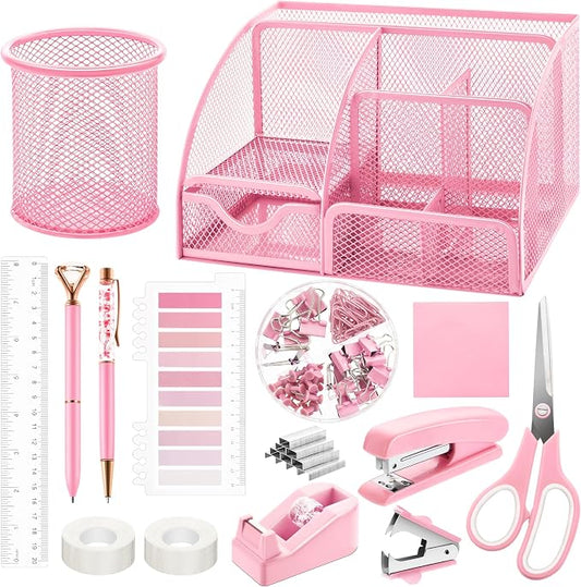 Fayoo 11 Pcs Pink Office Supplies Set Mesh Desk Organizer Accessories Kit | Include Stapler, Tape Dispenser, Staple Remover, Clips, Ruler, Scissors, Sticky Notes, for Office, School, Home, Women