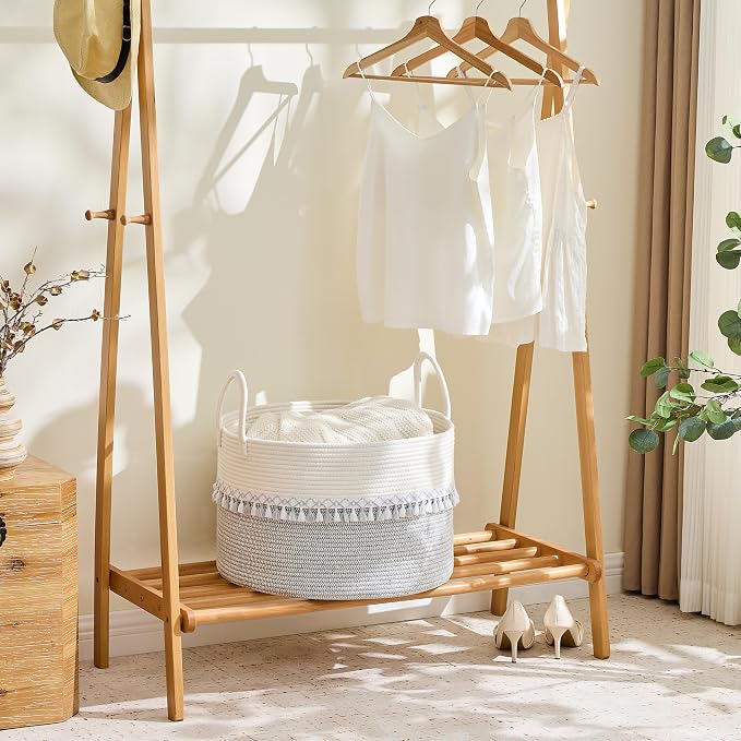 KAKAMAY Large Blanket Basket with Handles, Storage Basket for Living Room | Extra Large Capacity | Natural Cotton Rope | Blanket Storage | Woven Storage Basket | Stuffed Animal Storage | Laundry Basket