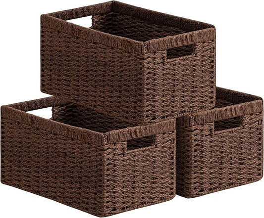 UBBCARE 3 Pack Wicker Basket, 13.4L×8.3H×7.1W inch Woven Paper Rope Storage Baskets for Shelves, Foldable Rectangular Storage Baskets with Handle, Storage Basket for Organizing, Dark Brown