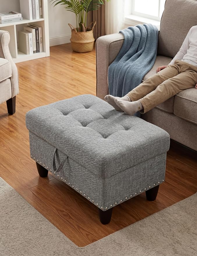 Ottoman with Storage, 28.5 inch Liner Storage Ottoman with Padded Seat, Large Entryway Bench with Solid Wood Frame, Upholstered Sturdy Foot Rest for Living Room, Bedroom, Entryway, Gray
