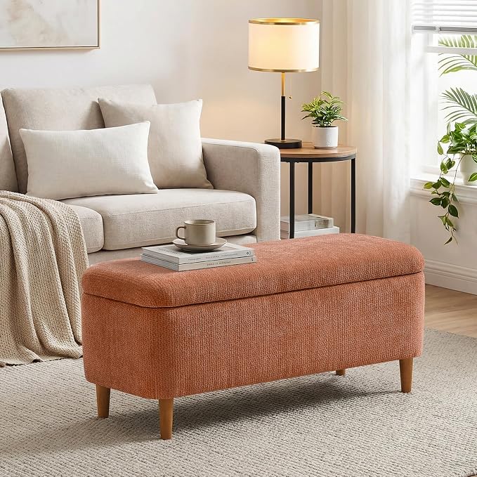39.4" Ottoman with Storage Upholstered Storage Bench for Living Room | Modern Fabric End of Bed Bench Footstool with Wooden Legs Ottoman Bench for Window Hallway Entryway Bedroom Orange