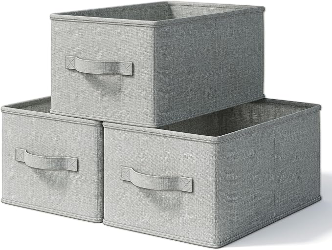 LayerSpace 3 Pack Fabric Storage Bins for Shelves | 16.25x12x10in Closet Storage Baskets | Collapsible Storage Bins |Fabric Closet Organizers with Handles | Light Gray | Thickened Rigid PP Panels, Cotton-linen Shelf Baskets, Measure 16.25"L x 12"W x 10...