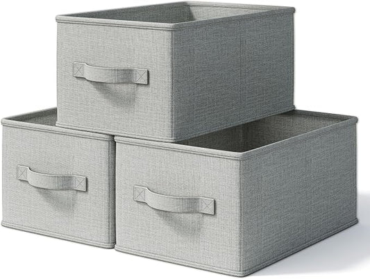 LayerSpace 3 Pack Fabric Storage Bins for Shelves | 16.25x12x10in Closet Storage Baskets | Collapsible Storage Bins |Fabric Closet Organizers with Handles | Light Gray | Thickened Rigid PP Panels, Cotton-linen Shelf Baskets, Measure 16.25"L x 12"W x 10...