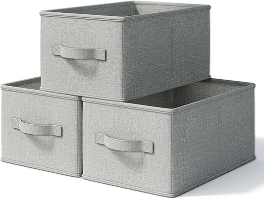 LayerSpace 3 Pack Fabric Storage Bins for Shelves | 14.75x10.25x8.25 in Storage Baskets | Fabric Closet Organizers with Handles Home Organization | Linen Clothes Storage Bins | Light Gray | Thickened Rigid PP Panels, Cotton-linen Shelf Baskets, Measure...
