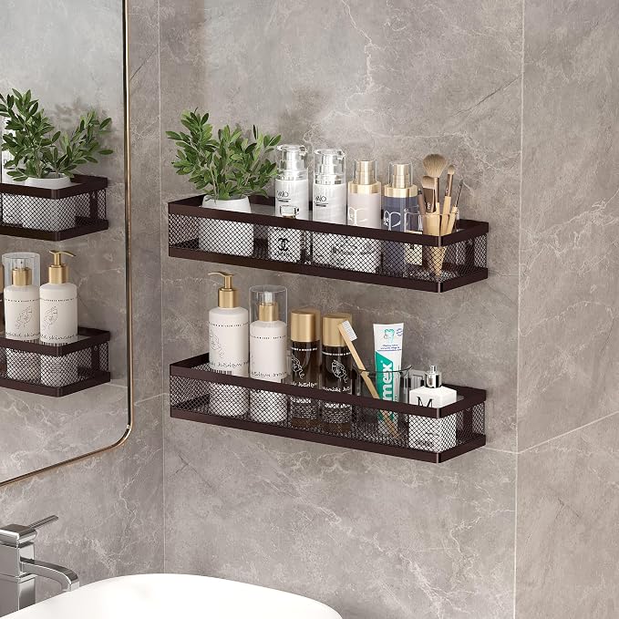 PUSDON 16.5-Inch Extra Long Slim Mesh Shower Caddy, Wall Mounted Bathroom Organizer with Adhesive, Heavy Duty Rustproof Shelf for Narrow Kitchen Pantry & RV, Holds 50 LBS Bronze -2 Packs Netting
