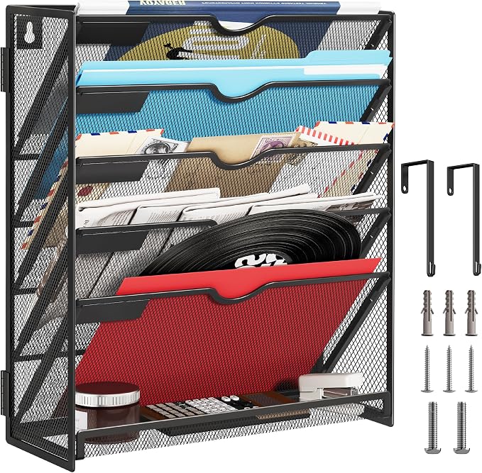 Lavatino 6-Tier Hanging File Organizer, Wall Mount File Holder for Mails Folders Papers Magazine Organization, Vertical Document Organizer for Office Home - Black