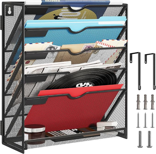 Lavatino 6-Tier Hanging File Organizer, Wall Mount File Holder for Mails Folders Papers Magazine Organization, Vertical Document Organizer for Office Home - Black