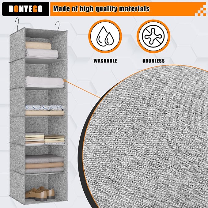 Hanging Closet Organizer 6-Shelf, Oxford Linen Wardrobe Storage, Gray | Easy-mount foldable design holds clothes, handbags, shoes & accessories; washable Oxford fabric, sturdy and space-saving.