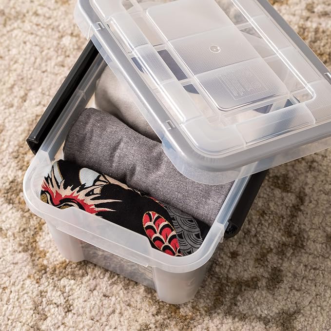 IRIS USA 6-Pack 6 Qt Storage Bins with Gasket Lids, Clear/Black | WeatherPro seal protects shoes, crafts, documents and supplies from dust and moisture