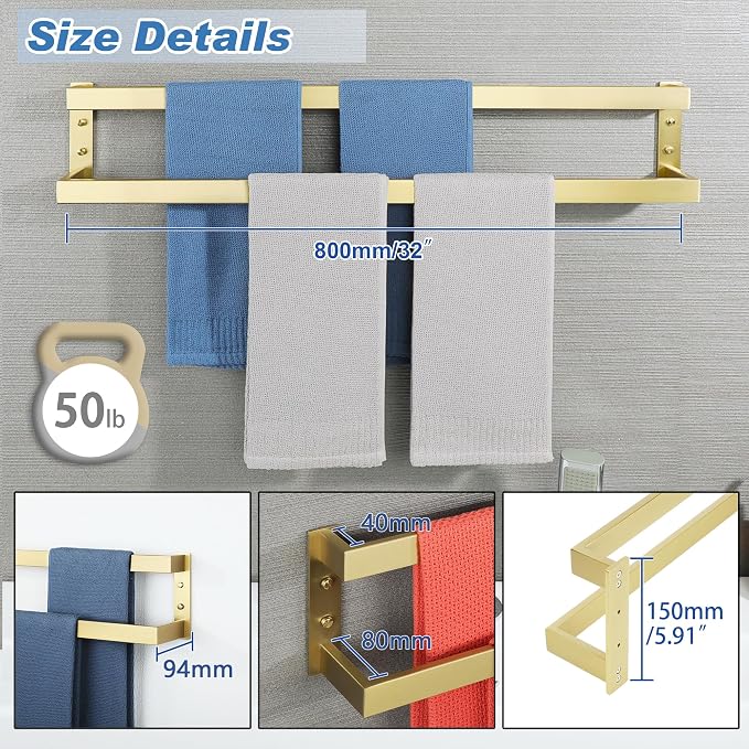 Alise Double Towel Bar, 32" Double Towel Racks for Bathroom, Brushed Gold | Bathroom Towel Rack Wall Mounted, 3.54" Wide Faster Drying, Ladder Design, SUS304 Stainless Steel
