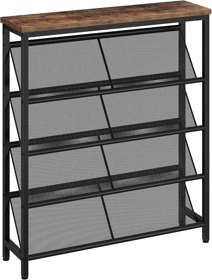 CHOEZON Shoe Rack, 5-Tier Slanted Shoe Storage Shelf, Narrow Shoe Rack for Entryway, Shoe Organizer with Adjustable Feet, Slim Shoe Shelf with Wooden Top and Metal Frame Rustic Brown and Black TXJ02BF