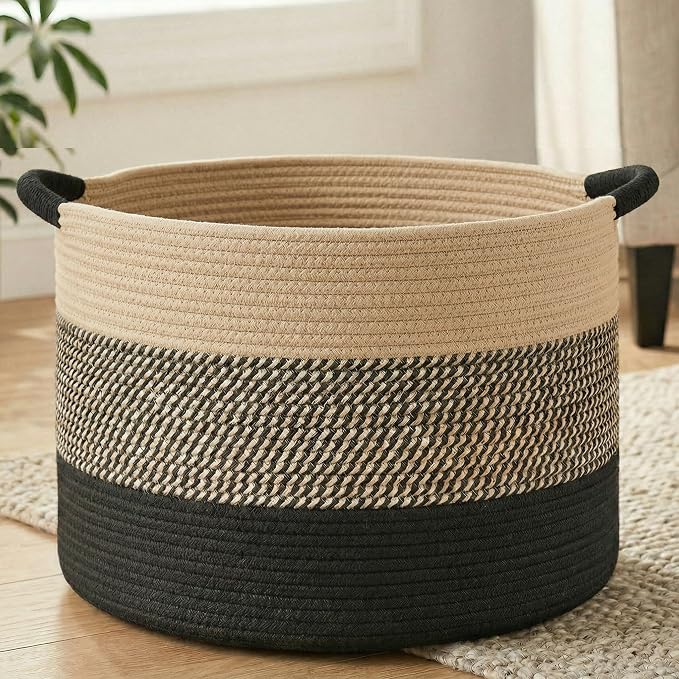 Artfeel 100L Large Cotton Rope Basket, Decorative Woven Blanket Storage for Living Room, Boho Toy Storage & Toy Box for Kids, Versatile Laundry Basket & Nursery Hamper for Blankets(BlackBrown)
