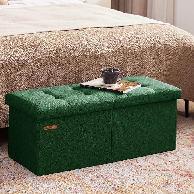 HAUSFRAU Ottoman with Storage Bench Folding Foot Rest Stool Linen Green | 31.5", Flip Lid, Small Upholstered Foldable Footrest Footstool, Bedroom Bench, Living Room Dorm Ottoman, Rectangle
