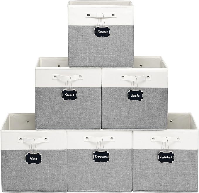 FinishingBo 13 inch Cube Storage Bins with Handles 6 Pack | Foldable Linen Storage Baskets, Closet Organizers, Shelf Baskets, White Grey