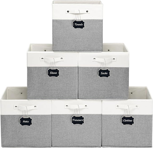 FinishingBo 13 inch Cube Storage Bins with Handles 6 Pack | Foldable Linen Storage Baskets, Closet Organizers, Shelf Baskets, White Grey
