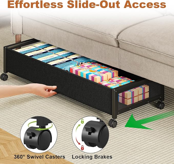 Fokyfok 2 Pack Under the Bed Storage Containers,36 inch Long Underbed Storage with Wheels,7.3 inch Height Under Bed Shoe Storage,Large Rolling under bed Clothes Storage Drawers with Lid for Dorm,Black