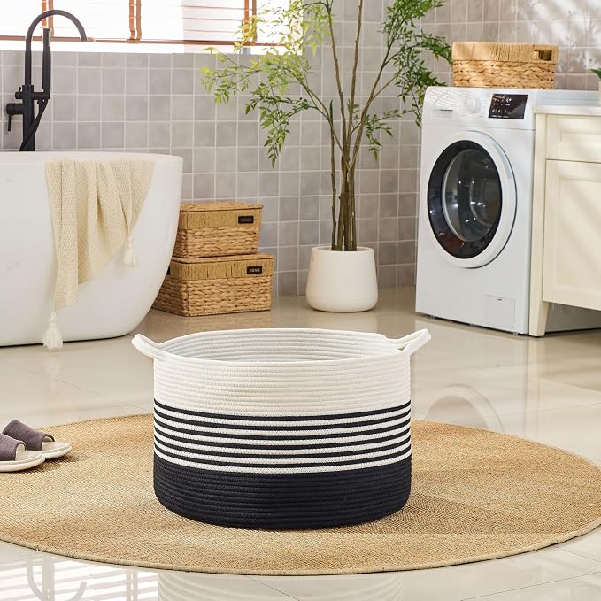 KAKAMAY Large Blanket Basket with Handles, Storage Basket for Living Room | Extra Large Capacity | Natural Cotton Rope | Blanket Storage | Woven Storage Basket | Stuffed Animal Storage | Laundry Basket