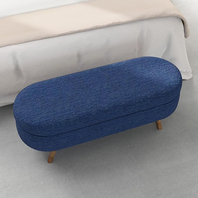 43.5” Storage Ottoman Bench，Upholstered Oval End of Bed Bench for Bedroom | Modern Linen Ottoman with Storage, Entryway Foot Rest with Wooden Legs, Lift-Top Lid with Safety Hinge, Living Room, Blue