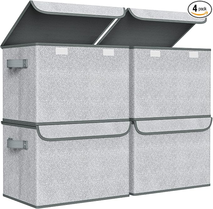 Univivi Decorative Fabric Storage Boxes with Lids, 4 Pack, Gray | 17 x 12 x 12 In Large Stackable Storage Bins with Lids & Carry Handles, Closet Organizers for Clothes, Office, Bedroom