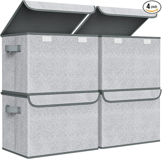 Univivi Decorative Fabric Storage Boxes with Lids, 4 Pack, Gray | 17 x 12 x 12 In Large Stackable Storage Bins with Lids & Carry Handles, Closet Organizers for Clothes, Office, Bedroom