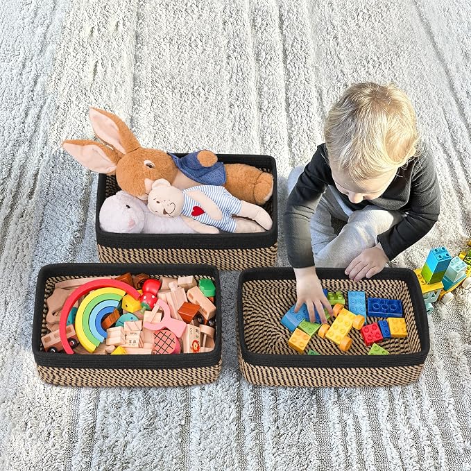 Goodpick 3-Pack Wicker Storage Baskets for Organizing, 13 x 8 x 5 in | Woven Baskets for Shelves, Closet Organizer Bins, Empty Baskets for Gifts,Woven Basket for Play Room, Black & Jute