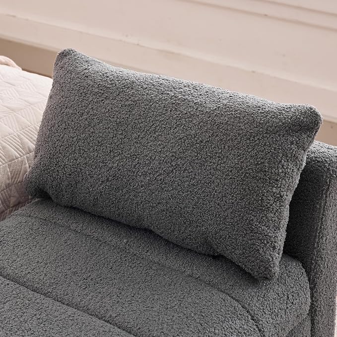 66" Storage Bench for Bedroom Upholstered End of Bed Bench King Size Grey | Long Bedroom Benches for Foot of Bed King,Teddy Storage Bed Bench with Gold Legs,2 Pillows for Entryway Windows Cloakroom