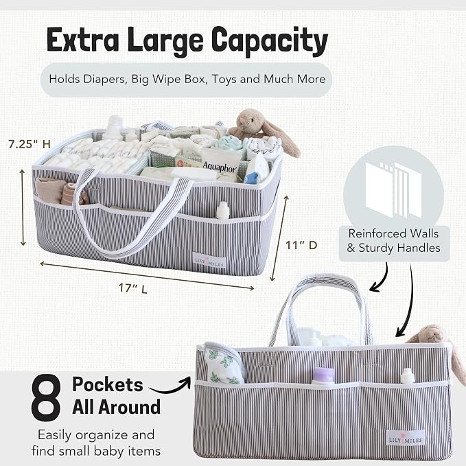 Baby Diaper Caddy - Organizer Tote for Infant Boy or Girl - Baby Shower Basket - Nursery Must Haves - Registry Favorites - Newborn Caddie Car Travel - Gray/Mint, Extra Large