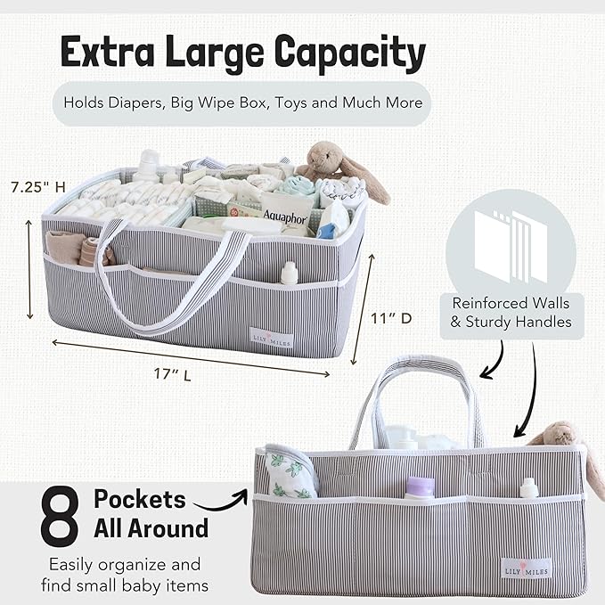 Baby Diaper Caddy - Organizer Tote Bag for Infant Boy or Girl - Baby Shower Basket - Nursery Must Haves - Registry Favorites - Newborn Caddie Car - Gray/Gray, Extra Large
