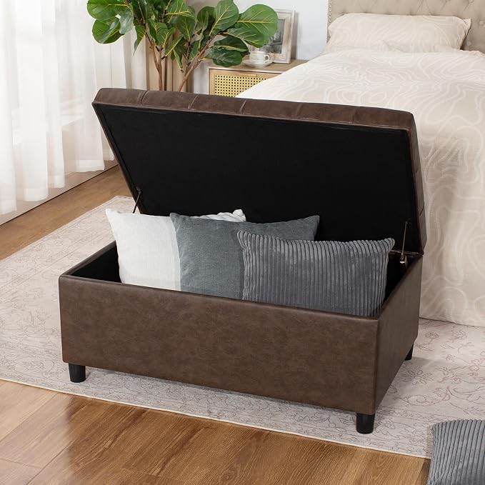 Joveco Rectangular Lift Top Storage Ottoman Bench, Faux Leather Storage Bench for Living Room Entryway Bedroom,Espresso