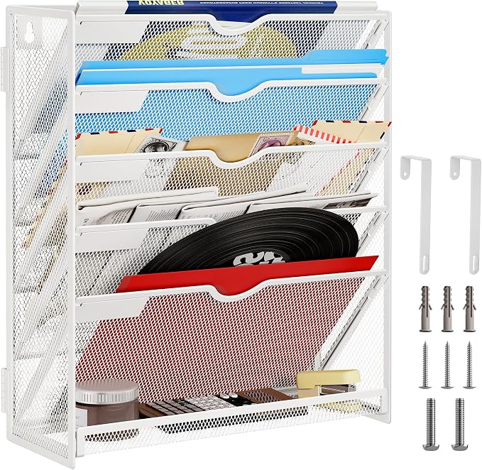 Lavatino 6-Tier Hanging File Organizer, Wall Mount File Holder for Mails Folders Papers Magazine Organization, Vertical Document Organizer for Office Home - (White)