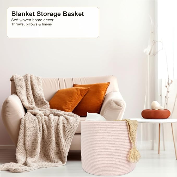 XUANGUO Cotton Rope Basket For Girls Kids 16”X14” pink | Baby Laundry Baskets, Blanket Basket, Nursery Bin; Round Woven Basket Organizer for Toy Storage, Blankets, Shoes and Clothes