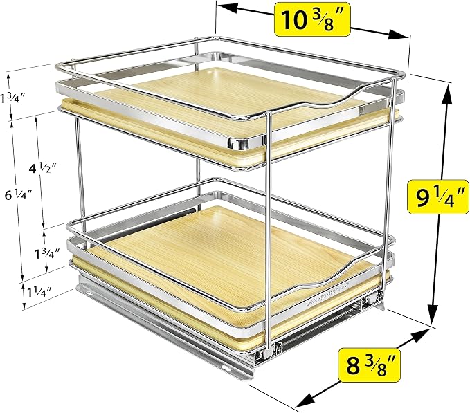 LYNK PROFESSIONAL® Élite™ Pull Out Spice Organization for Cabinets - 8-3/8 inch Wide – Spice Rack for Inside Cabinets – Wood/Chrome - Sliding Spice Rack Organizer for cabinet – Spice Rack - 2 Tier