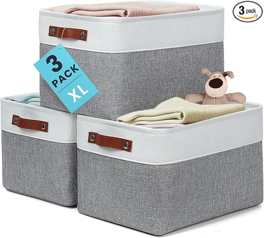 OrganiHaus 16x12.5in Storage Baskets, 3 Pack - Fabric Bins for Shelves | Vegan leather handles; a decorative linen closet organizer, towel and clothes container