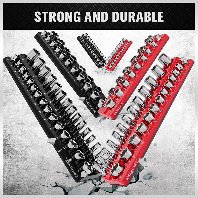 6-piece Magnetic Socket Organizer Set, Metric & SAE Drive Socket Holder, Includes 1/4", 3/8", 1/2", Holds 143 Pieces Magnetic Trays Red Black