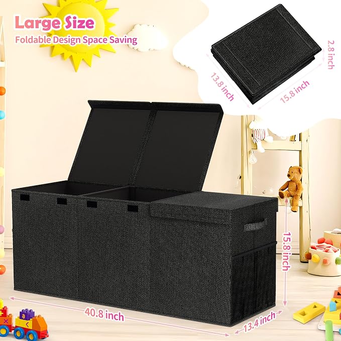 Extra Large Toy Box, Collapsible Toy Storage Organizer, 40"x16"x16", Black | Sturdy Kids Toys Bin Chest with 2 Mesh Pockets and Dividers for Boys Girls, Bedroom & Living room Toy Organization